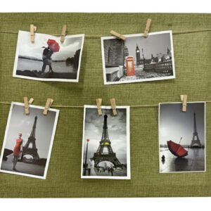 aasai cart | rustic photo display board with string, olive green fabric memo board, wooden clothespins, paris and london theme wall decor for pictures and memories, photo gift