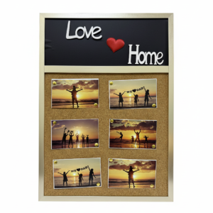 Love Home Decorative Photo Display Board, Wooden Frame with Cork Board and Chalkboard, Family Picture Collage with Beach Sunset Theme, Wall Mounted Memo Board, Gift