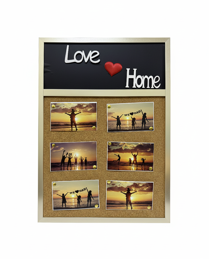 Love Home Love Home Decorative Photo Display Board, Wooden Frame with Cork Board and Chalkboard, Family Picture Collage with Beach Sunset Theme, Wall Mounted Memo Board, Gift